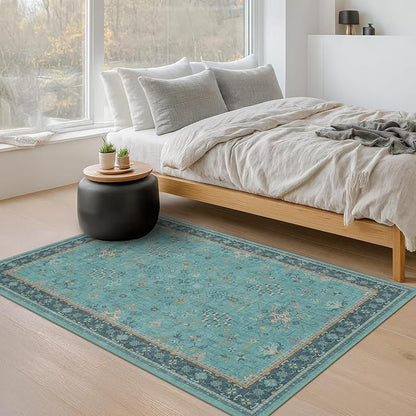 Washable Teal Rugs for Entryway Indoor - 3x5 Throw Rug for Large Kitchen, Bedroom Bedside, Bathroom, Mudroom, Boho Turquoise Modern Décor, Non Slip Low Pile Fade Resistant