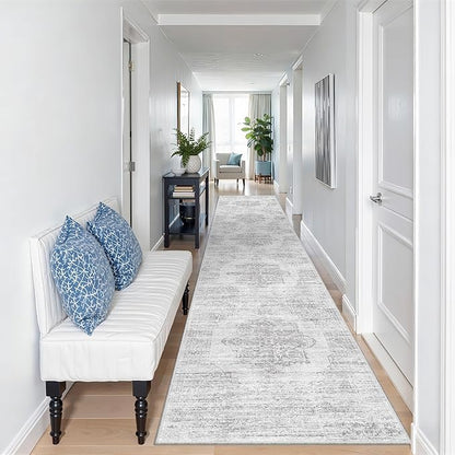 2x10 Runner Rug, Long Hallway Rugs for Dining Room, Living Room, Bedroom, Machine Washable Kitchen Carpet Runner with Rubber Backing, Soft Low Pile Indoor Rug(2'x10', Light Grey/White)