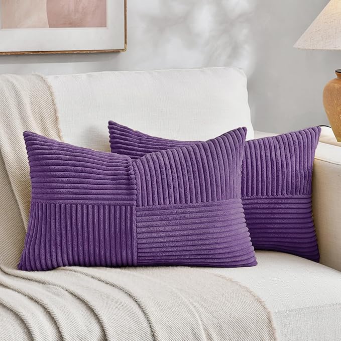Fancy Homi Set of 2, Purple Patchwork Corduroy Decorative Soft Striped Modern Accent Cushion Case Farmhouse Boho Neutral Throw Pillow Covers for Chair Couch Bed Sofa Living Room 32x16 Inch