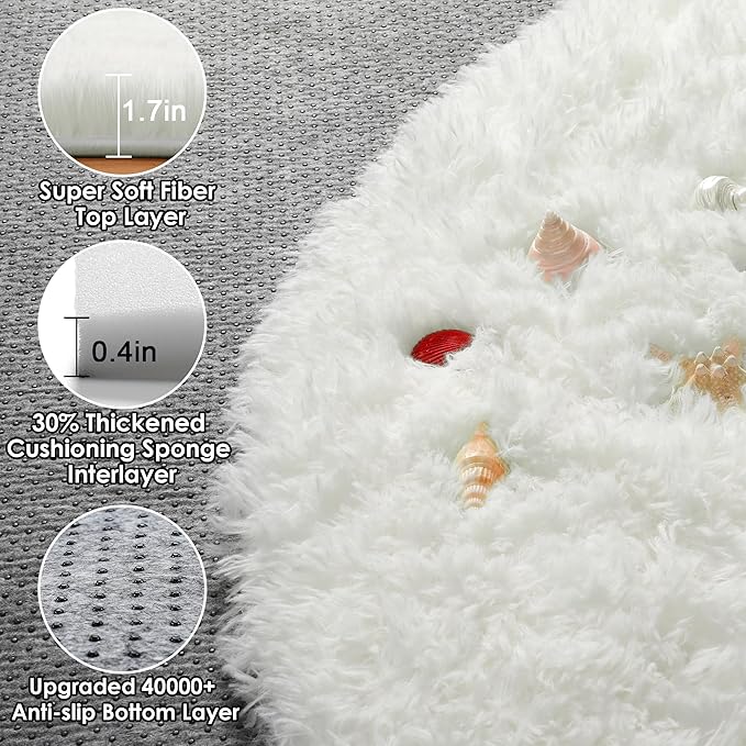 ONASAR Cream White Round Rugs 5ft for Bedroom Living Room, Ivory Fluffy Circle Area Rug for Kids Girls Boys Teen, Soft Plush Shaggy Carpet for Nursery Dorm Classroom Playroom Home Decor Aesthetic