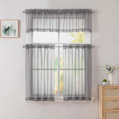 Simplebrand Grey Valances 14 Inches Long for Living Room Pocket 2 Panel Light Filtering Sheer Translucent Valence Toppers for Window Kitchen Bathroom Bedroom 42x14 Inch Length