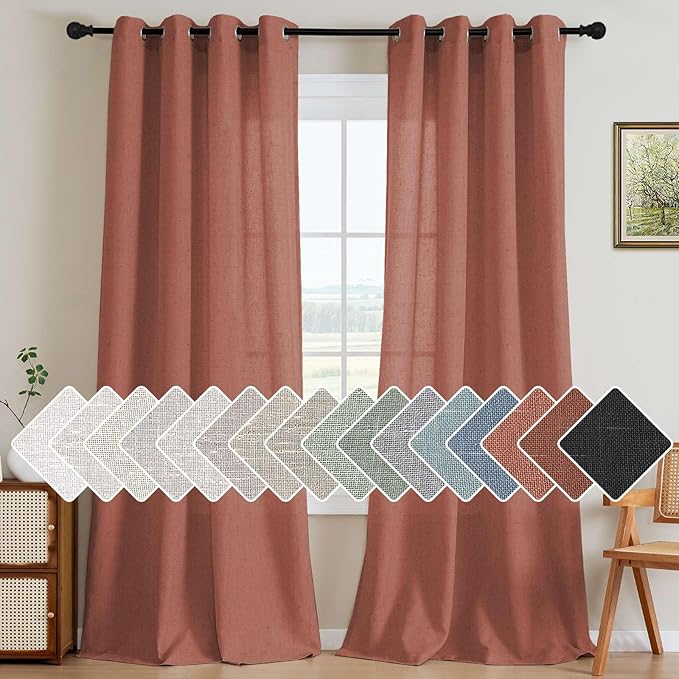 H.VERSAILTEX Living Room Linen Curtains - Semi Sheer, Nickel Grommet, Energy Saving, Light Filtering Window Treatments - Panels for Bedroom, Rust, 2 Panels, 52 x 96 Inch
