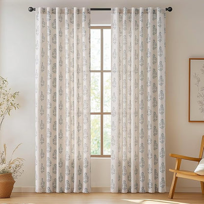 jinchan Linen Floral Curtains for Living Room 84 Inch Length Blue Flower Cottage Core Farmhouse Curtains Rod Pocket Back Tab Boho Semi Sheer Window Drapes Bedroom Set 2 Panels Blue on Beige