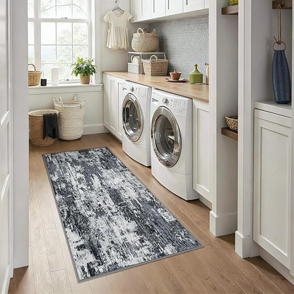 Washable Area Rugs 3x6 Non-Slip Modern Abstract Soft for Living Room Entryway Bedroom Nursery, Print Pattern, Black Navy Blue Gray