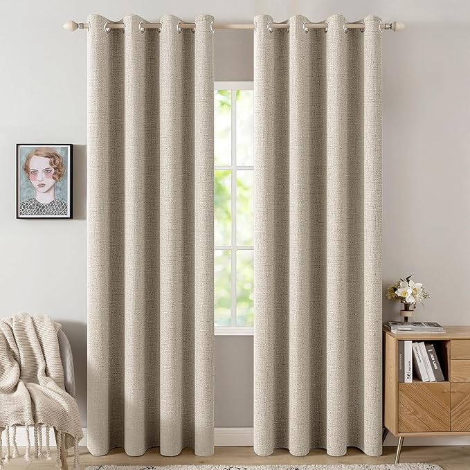 MIULEE 100% Blackout Linen Curtains for Bedroom Thermal Insulated Stone Grommet Room Darkening Curtains & Drapes Fall Decor for Living Room Nursery 52 x 108 Inch (2 Panels)