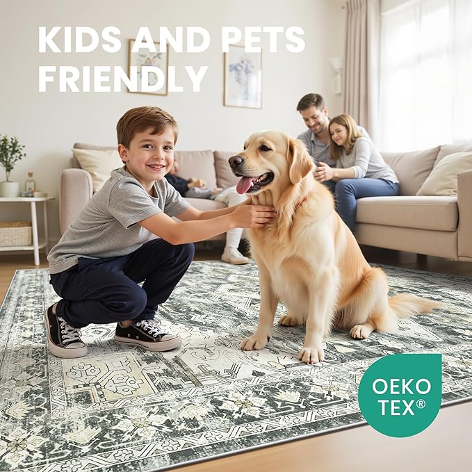 zesthome 5x7 Washable Rug-Stain Resistant Area Rugs for Living Room, Ultra-Thin Vintage Rugs, Non-Slip Backing Rug, Low Pile Large Area Rug, Boho Home Decor