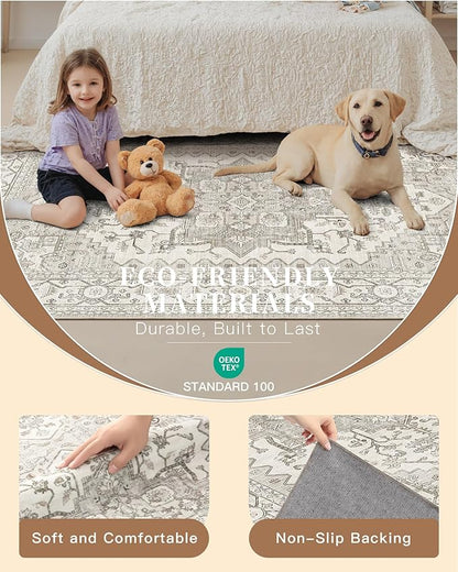 Madane Washable Area Rug 2x4, Small Entryway Rug Non-Slip Vintage Door Mat Indoor Entrance, Low Pile Floor Carpet Runner for Inside Front Door Kitchen Entry Laundry, Beige/Brown