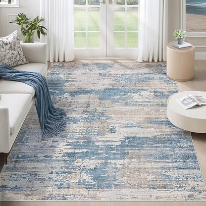 5x7 Area Rugs for Living Room, Washable Modern Abstract Large Area Rug Neutral Soft Non Slip Kids Rug Stain Resistant Indoor Carpet for Bedroom Nursery Dining Room Playroom(BlueBeige, 5'x7')