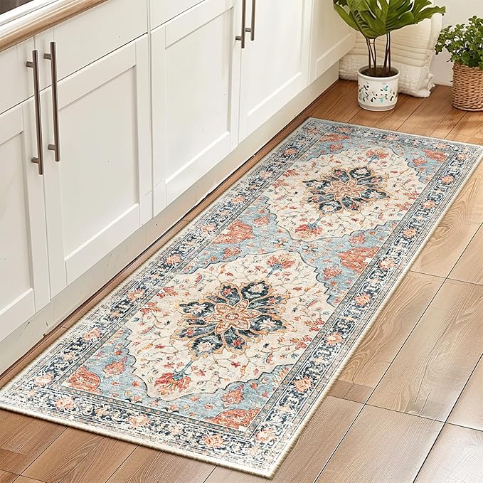 RELEANY Area Rugs 2'x6' Runner Rug Non Slip Washable for Kitchen Hallway Bedroom Beside Laundry Room Bathroom Rug, Floor Carpet, Beige Navy Blue Orange Colorful