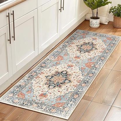 RELEANY Area Rugs 2'x6' Runner Rug Non Slip Washable for Kitchen Hallway Bedroom Beside Laundry Room Bathroom Rug, Floor Carpet, Beige Navy Blue Orange Colorful