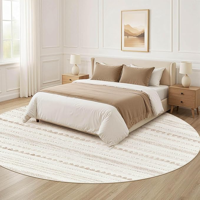Nakagishi Round Rug Boho Area Rugs: 6x6 Washable Large Circle Neutral Soft Stain Resistant Non-Slip Carpet for Women Aged 25-45 Farmhouse Decor Enthusiasts - Living Room Bedroom Dining Room Nursery
