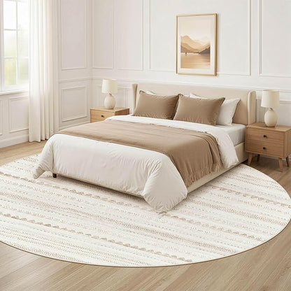 Nakagishi Round Rug Boho Area Rugs: 4x4 Washable Large Circle Neutral Soft Stain Resistant Non-Slip Carpet for Women Aged 25-45 Farmhouse Decor Enthusiasts - Living Room Bedroom Dining Room Nursery