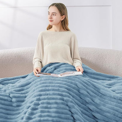 BEDELITE Blankets Queen Size for Bed, 300GSM Soft & Warm Fleece Blanket, Decorative and Giftable Striped Light Blue Blankets for Women, Men, 90"x90"