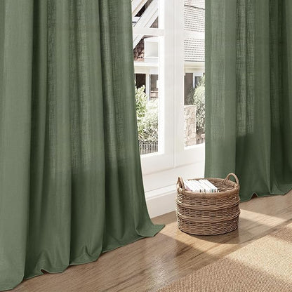 Nanspring Olive Green Linen Sheer Curtains for Living Room 2 Panels Set 106 Inch Length Back Tab Light Filtering & Breathability Semi Sheer Curtain Drapes for Bedroom 52x106