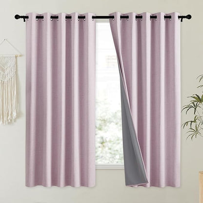 NICETOWN Pink Vintage Linen 100% Blackout Curtains for Kitchen, Thermal Insulated Curtains 63" Long, Noise Reducing Window Treatment Drapes for Dorm Room, 62" Wide Per Panel, Set of 2