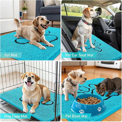 OLANLY Dog Door Mat for Muddy Paws 30x20, Paw Print Design, Absorbs Moisture and Dirt, Absorbent Non-Slip Washable Doormat, Quick Dry Chenille Mud Mat for Dogs, Entry Indoor Entryway Carpet, Aqua Blue