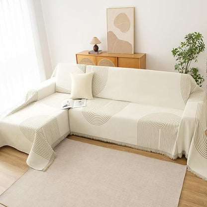 Couch Cover for Dogs, Boho Sofa Covers for 3 Cushion Couch, Chenille Sofa Slipcover for Pets Washable, L-Shape Sectional Couch Loveseat Cover Soft Throw Blankets with Tassels(71x118,Arc Beige)