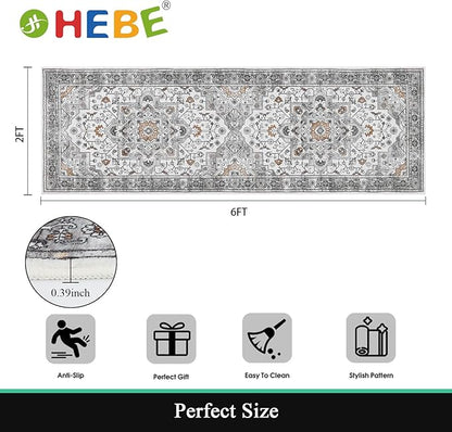 HEBE Hallway Runner Rug 2'x6' Washable Vintage Distressed Area Rugs Non Slip Laundry Rug Runner Boho Floor Carpet Runners for Hallways Entryway Laundry Room Kitchen Bathroom