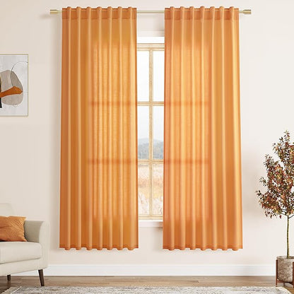 Nanspring Orange Linen Curtains for Bedroom Back Tab Light Filtering Privacy Sheer Curtains Modern Farmhouse Decor Linen Blend Textured Gauze Curtain for Living Room 2 Panels Set 52x72