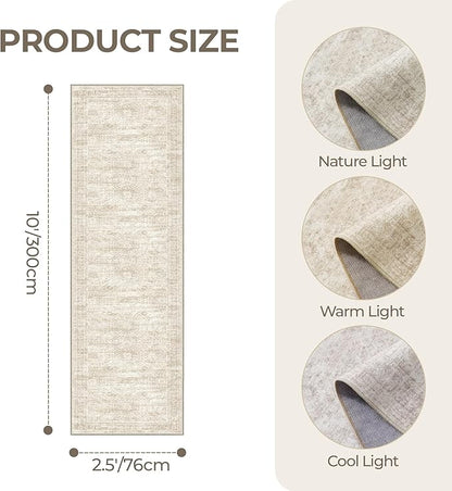 Kitchen Runner Rugs Non Skid Washable - 2.5 x 10 Runner Rug with Anti Slip Backing, Ultra-Thin Soft Rug Runner for Hallway, Bedroom, Living Room (2.5'x10', Beige/Ivory)