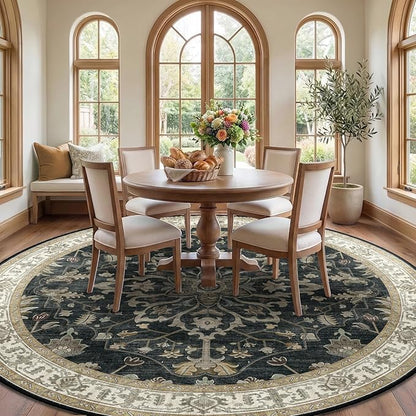 Area Rugs Round 8ft Washable Non-Slip, Floral Vintage Distress Print Pattern Medallion Carpet for Living Room Bedroom Dining Room, Vintage Black Brown Neutral