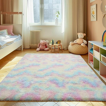8x10 Fluffy Area Rugs for Living Room,Shag Area Rug for Bedroom,Soft Fuzzy Rug Non-Shedding Indoor Plush Carpet for Kids Bedroom Nursery Home Decor,Rainbow
