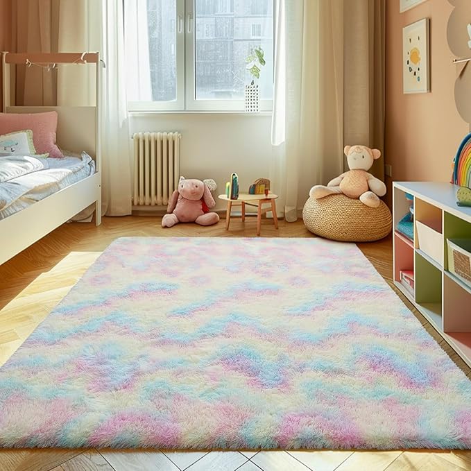 9x12 Fluffy Area Rugs for Living Room,Large Fuzzy Shag Area Rug for Bedroom,Soft Non-Shedding Indoor Plush Carpet for Kids Bedroom Nursery Home Decor,Rainbow