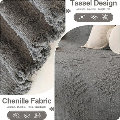 HANDONTIME Washable Couch Covers for Sofa Boho Couch Covers for 3 Cushion Sofa Pet Friendly Grey Chenille Jacquard Couch Protector for Dogs Plant Branch Sectional Cover Sofa Slipcovers, 71" X 118"