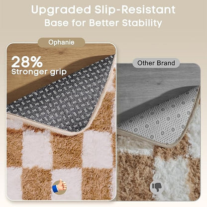 Ophanie Checkered Beige & White Rug for Living Room Bedroom, Fluffy Soft Cute Fuzzy Area Rugs, Shag Plush Shaggy Bedside Floor 8x10 Furry Carpet for Kids Baby Teen Dorm Nursery Home Decor Aesthetic