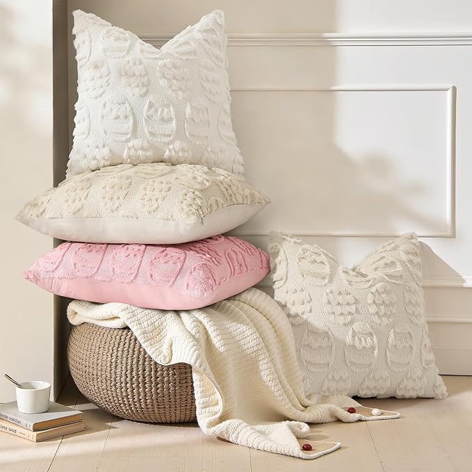 decorUhome Easter Cream White Egg Pillow Covers 16x16 Inch Set of 2, Soft Plush Faux Wool Jacquard Cushion Covers, Farmhouse Neutral Fuzzy Spring Easter Holiday Decor for Couch Sofa Bed