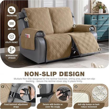 TAOCOCO 100% Waterproof Loveseat Recliner Covers 2 Seater, Split Loveseat Covers for Reclining loveseat, Non Slip Reclining Couch Cover with Double Straps for Kids, Pets(2 Seater, Camel)