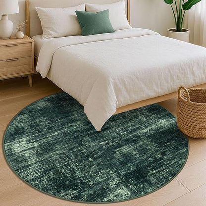 IOHOUZE Abstract Round Area Rug 6 Ft Washable Circle Rugs Large Round Rug Non Slip Thin Soft Circle Rugs, Printed Faux Wool Floor Carpet for Bedroom Living Room Dining Room Nursery, Dark Green