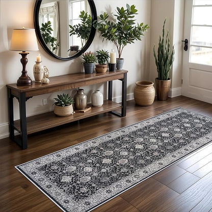 Hallway 2x8 Washable Runner Rug: Oriental Stain Resistant Kitchen Entryway Rugs Farmhouse Ultra Soft Bathroom Bedroom Print Floor Mat Thin Non Slip Indoor Carpet for Living Room Laudry(2x8,Black)