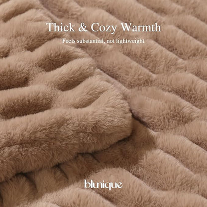 Ultra Soft Cozy Faux Fur Throw Blanket, Fuzzy Plush Thick Bubble Blanket, Oversize Luxury Fluffy Blanket for Couch, Sofa, Bedroom, and Living Room,50x60 Inches,Double Sided Light Brown