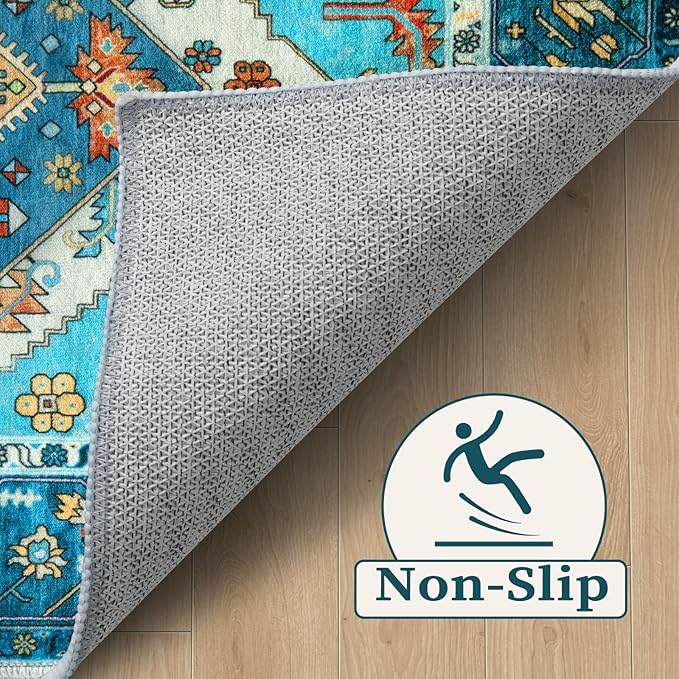 SERISSA Boho Rugs for Entryway, 2x3 Blue Entryway Rug Non-Slip Washable Small Area Rug, Ultra Soft Oriental Vintage Low-Pile Indoor Door Mat Floor Carpet for Entrance Bedroom Kitchen Bathroom