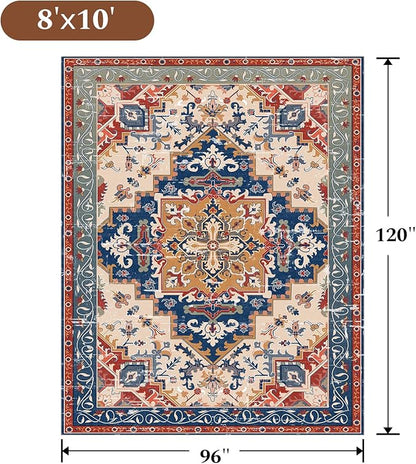 Rugflix 8x10 Area Rug for Living Room, Machine Washable Area Rugs with Non-Slip Backing, Large Soft Boho Vintage Rug for Bedroom, Dining Room, Low Pile Carpet, Kids Pet Friendly, Red