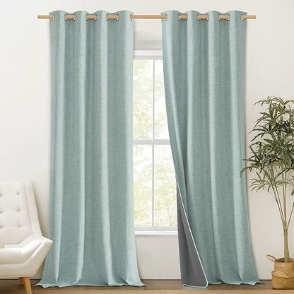 NICETOWN 100% Absolutely Blackout Linen Curtains with Thermal Insulated Liner, Seafoam Green, 52" Wide, 102" Length Energy Saving Curtains for Living Room 2 Panels Set, Vertical Blinds