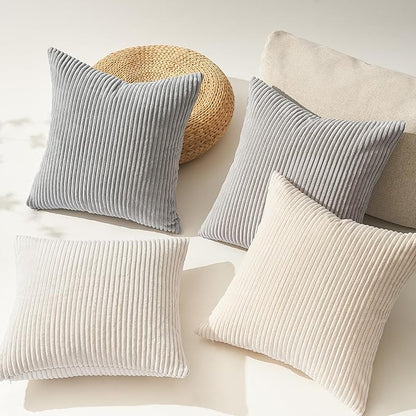 Topfinel 4 Packs Neutral Decorative Throw Pillows Covers 26x26 Inch for Living Room Couch Bed Sofa, Rustic Farmhouse Boho Neutral Home Decor, Soft Plush Striped Corduroy Square Cushion Case 65x65 cm