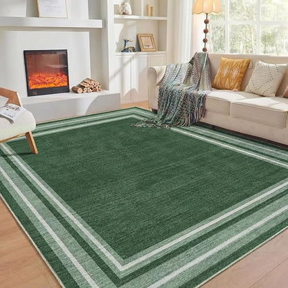 OPPODREAM Border Soft Area Rugs 5x7, Washable Green Rug with Non Slip Backing, 5 x 7 Faux Cashmere Low-Pile 5x7 Carpet