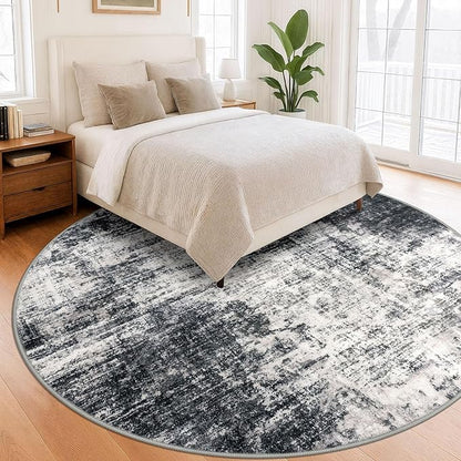 IOHOUZE Abstract Round Area Rug 8 Ft Washable Circle Rugs Large Round Rug Non Slip Thin Soft Circle Rugs, Printed Faux Wool Floor Carpet for Bedroom Living Room Dining Room Nursery, Black Grey