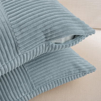 Fancy Homi Set of 2 Light Blue Decorative Throw Pillow Covers 16x16 Inch for Living Room Couch Bed, Rustic Farmhouse Boho Home Decor, Soft Striped Corduroy Textured Square Cushion Case 40x40 cm