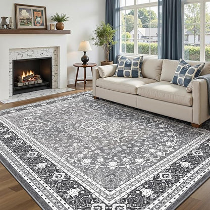 Lofus 6x9 Area Rugs for Living Room, Machine Washable Non-Slip Area Rug, Low Pile Large Rugs for Bedroom, Kitchen, Dining Room, Home Office, Vintage Oriental Print Rug, Light Grey with White