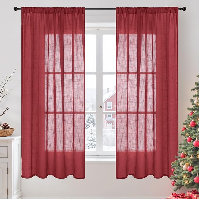 BGment Burgundy Linen Curtains 63 Inches Long for Living Room, Semi Sheer Window Drapes Lightweight Rustic Country Textured with Rod Pocket for Dining Bedroom, 2 Panels, Each 42 Inch Wide