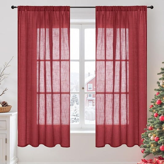 BGment Burgundy Linen Curtains 63 Inches Long for Living Room, Semi Sheer Window Drapes Lightweight Rustic Country Textured with Rod Pocket for Dining Bedroom, 2 Panels, Each 42 Inch Wide