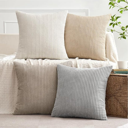 MIULEE Boho Farmhouse Throw Pillow Covers 18x18 Inch Set of 4 Neutral Tan Decorative Cushion Covers Soft Corduroy Nordic Spring Home Decor for Couch Bed Sofa Living Room