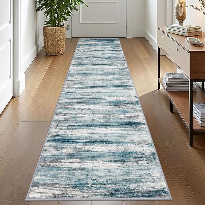 KOZYFLY Modern Abstract Kitchen Runner Rug, 2x10 Washable Rug Runner Non-Slip Soft Striped Hallway Runner Rugs, Light Blue Print Carpet Runner for Entryway Bathroom Laundry Room Foyer