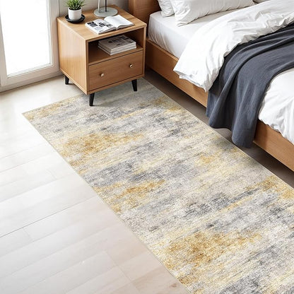 3x7 Washable Kitchen Runner Rug: Modern Abstract Runners for Hallway Soft Non Slip Rugs with Rubber Backing Low Pile Thin Floor Carpet for Entryway Bedroom Bathroom Bedside Indoor(Grey/Yellow,3x7)