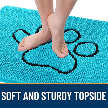 OLANLY Dog Door Mat for Muddy Paws 30x20, Paw Print Design, Absorbs Moisture and Dirt, Absorbent Non-Slip Washable Doormat, Quick Dry Chenille Mud Mat for Dogs, Entry Indoor Entryway Carpet, Aqua Blue