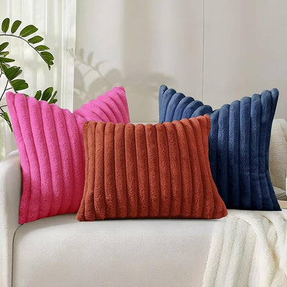 decorUhome Summer Cozy Faux Fur Throw Pillow Covers 24x24 Set of 2 Decorative Soft Plush Striped Modern Farmhouse Boho Couch Euro Sham Pillow Cases with Velvet Back for Sofa Bed Living Room, Hot Pink