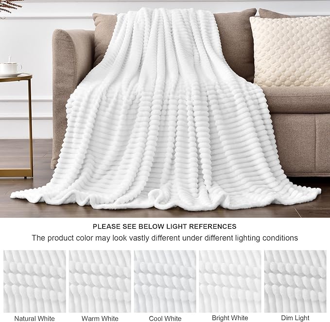 BEDELITE Fleece Throw Blanket for Couch – 3D Ribbed Jacquard Soft and Warm Decorative Fuzzy Blanket – Cozy, Fluffy, Plush Lightweight White Throw Blankets for Bed, Sofa, 84x90 inches